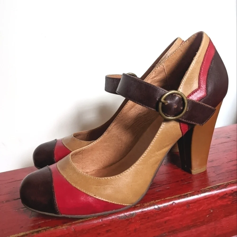 𝅺ALDO Brown Multi Block Heel Mary Janes Leather 40